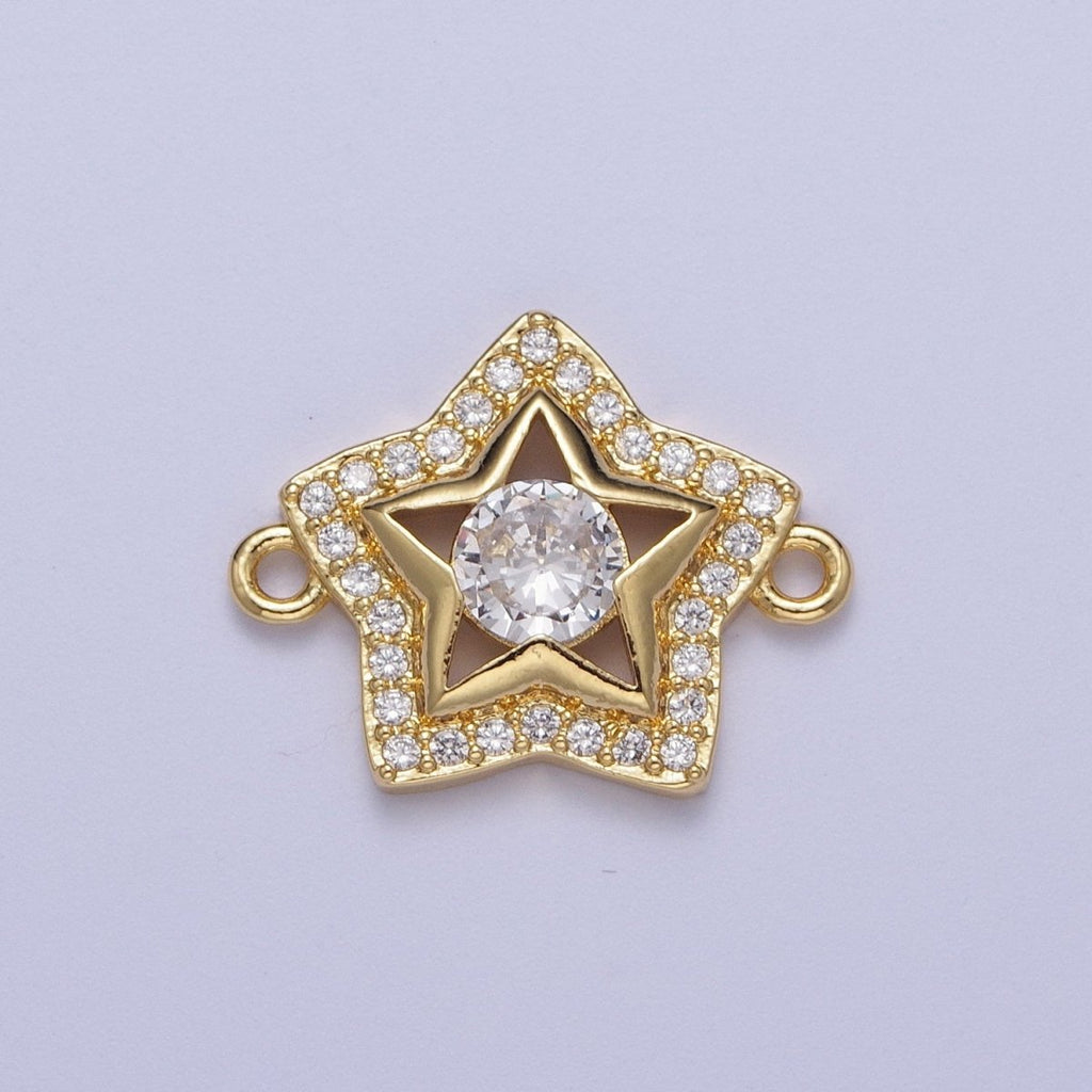 Gold Micro Paved Round Cubic Zirconia Shinning Celestial Star Connector Supply For Jewelry Making F-201 - DLUXCA