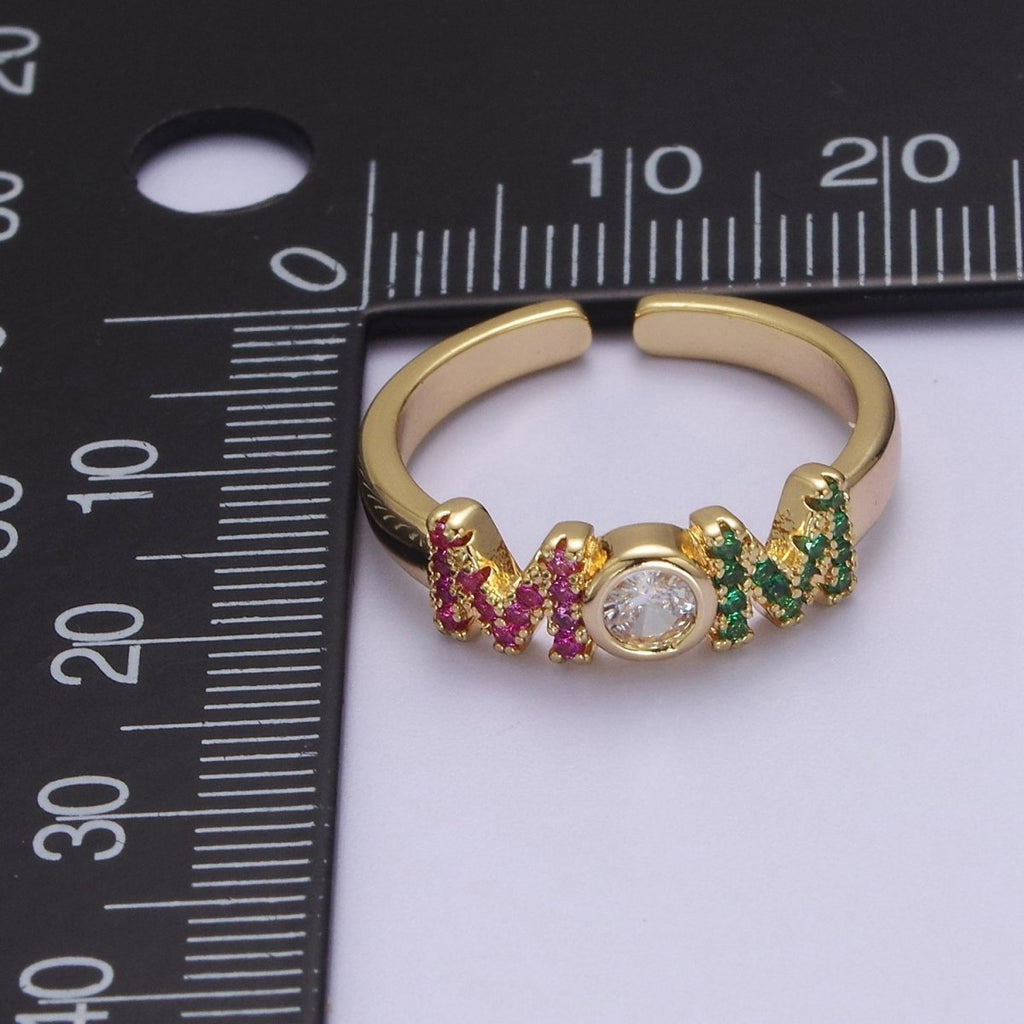 Gold Mom Script Ring Pink / Green Cz Gold plated Ring Open Adjustable for Mother Day Gift S-524 - DLUXCA