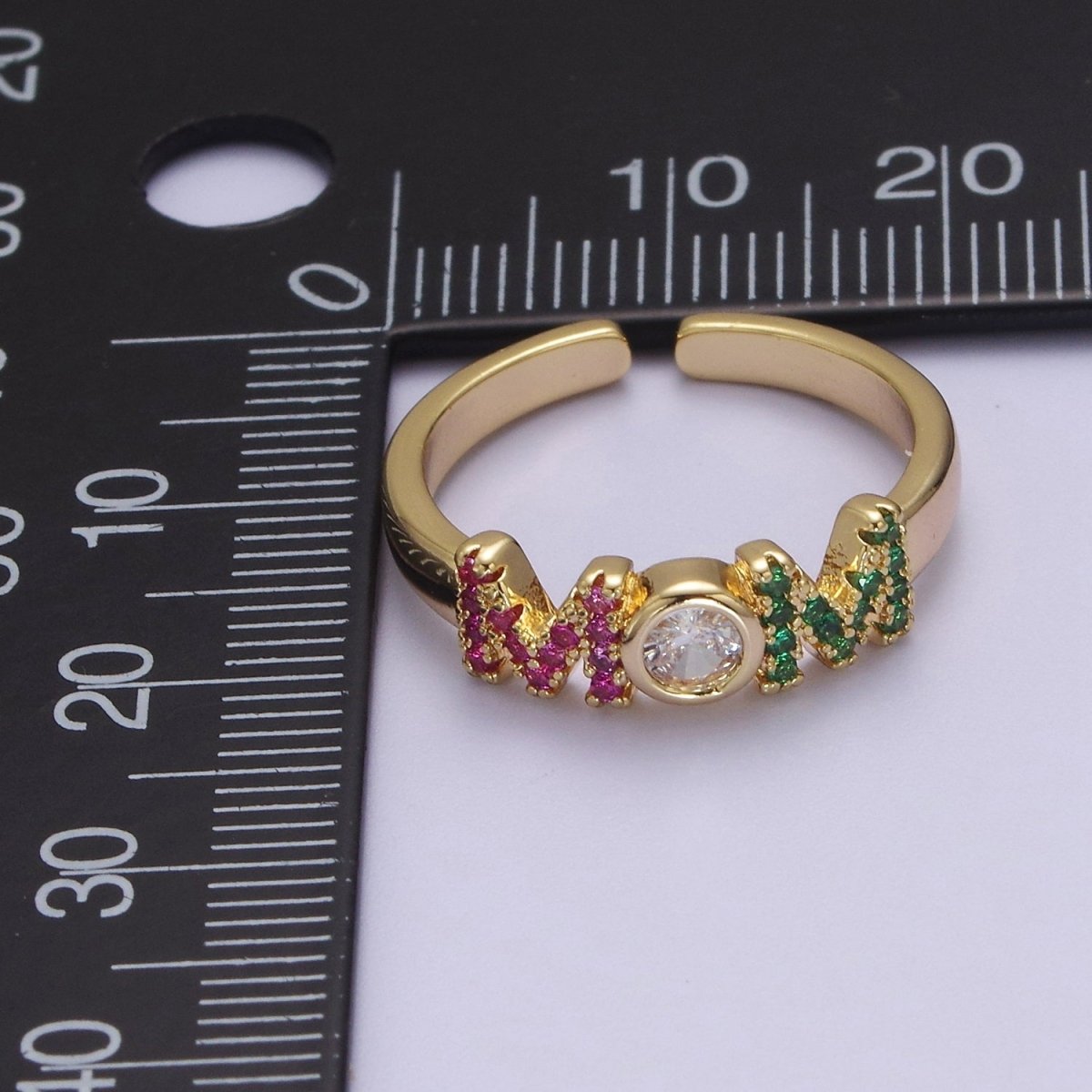 Gold Mom Script Ring Pink / Green Cz Gold plated Ring Open Adjustable for Mother Day Gift S-524 - DLUXCA