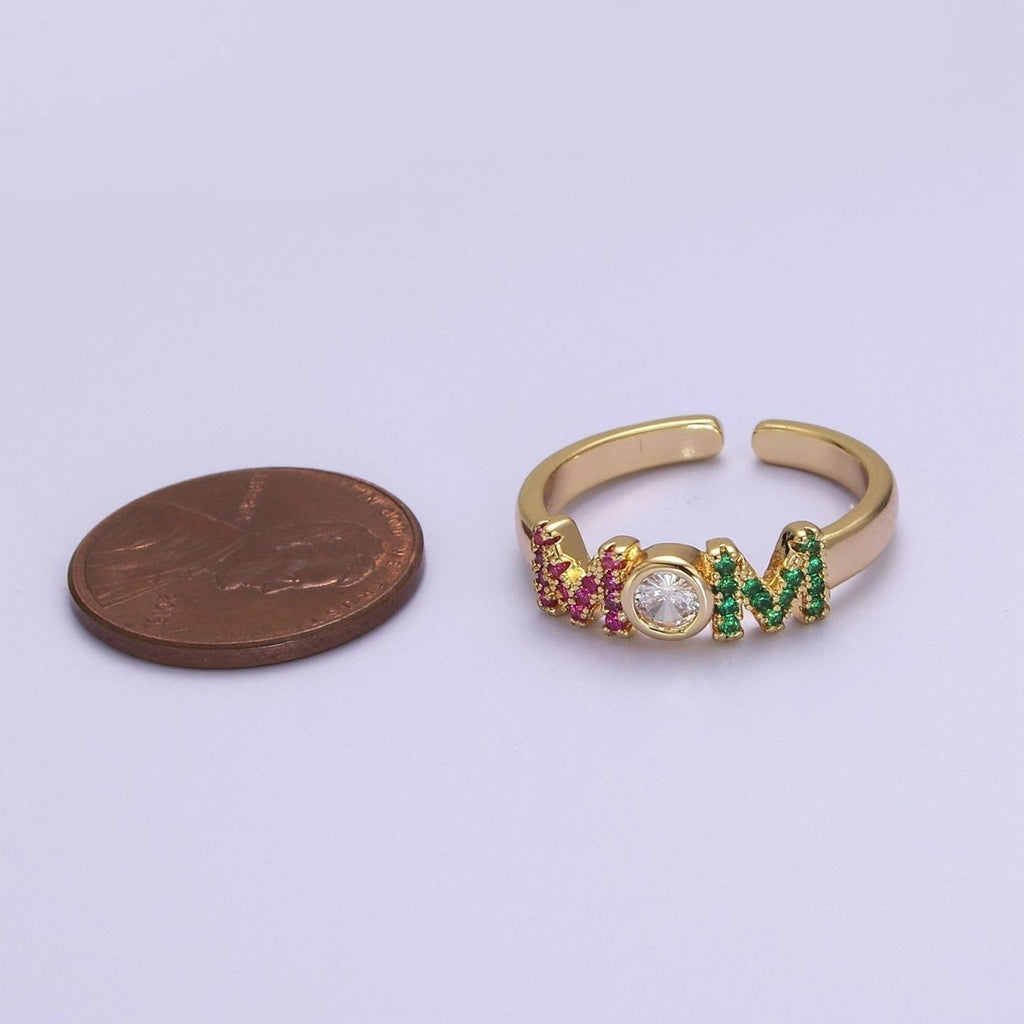 Gold Mom Script Ring Pink / Green Cz Gold plated Ring Open Adjustable for Mother Day Gift S-524 - DLUXCA