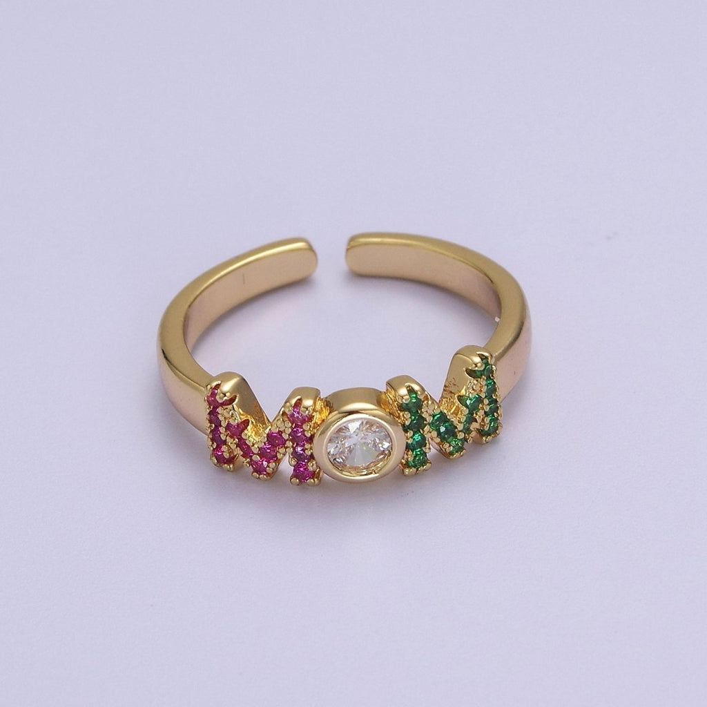 Gold Mom Script Ring Pink / Green Cz Gold plated Ring Open Adjustable for Mother Day Gift S-524 - DLUXCA