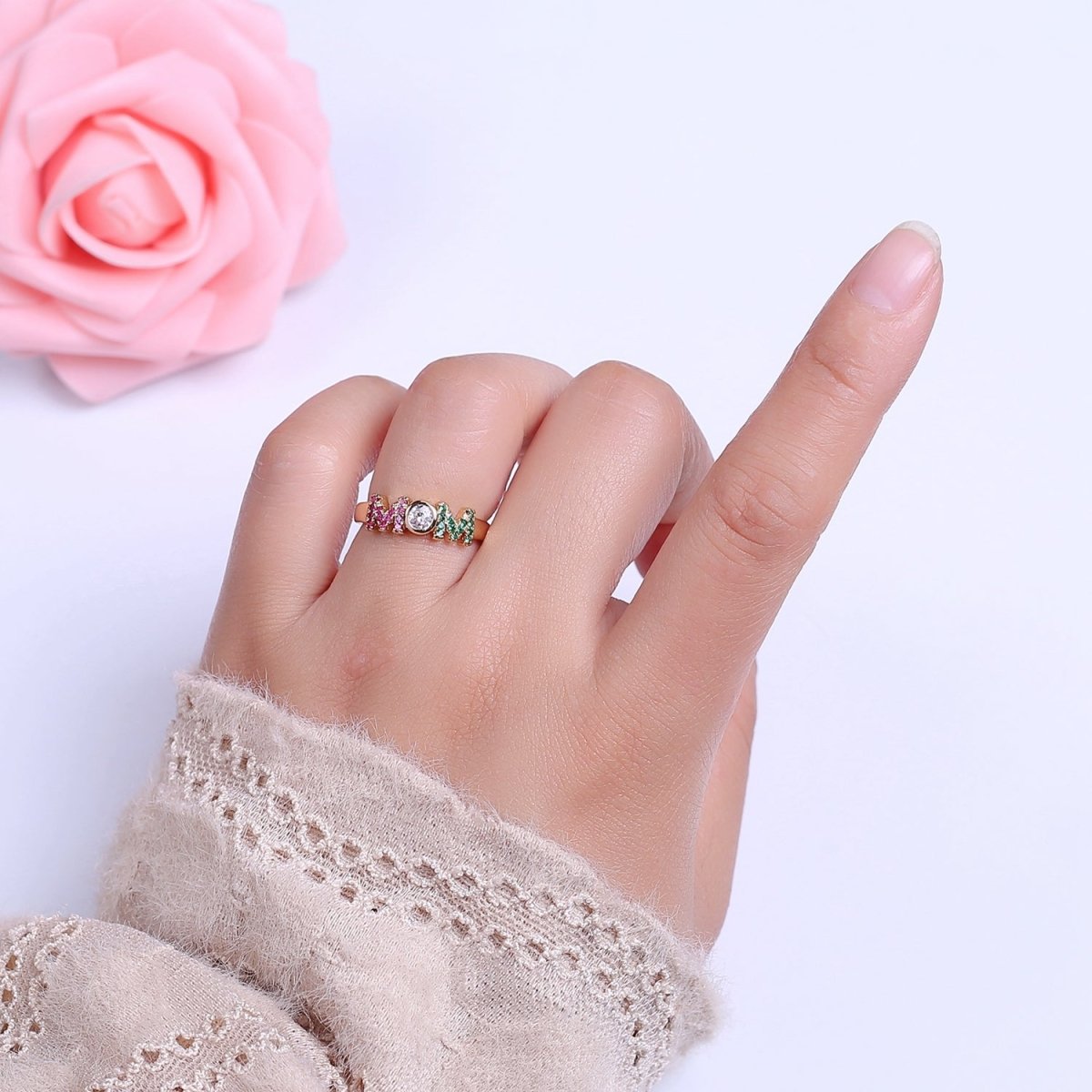 Gold Mom Script Ring Pink / Green Cz Gold plated Ring Open Adjustable for Mother Day Gift S-524 - DLUXCA