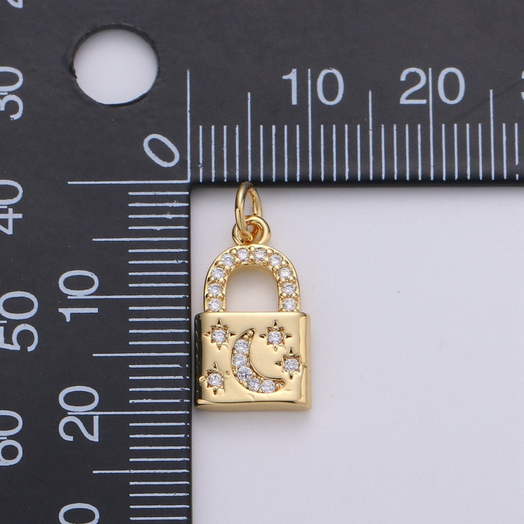 Gold Moon Star Padlock Pendant Gold plated Dainty Padlock Charm Celestial Lock Jewelry for Necklace Earring Bracelet Component D-363 D-364 - DLUXCA