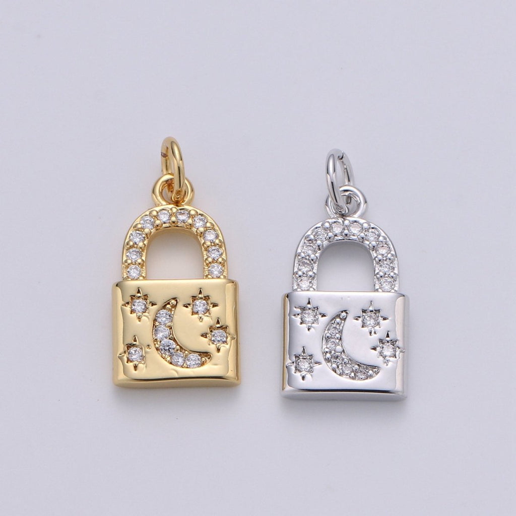 Gold Moon Star Padlock Pendant Gold plated Dainty Padlock Charm Celestial Lock Jewelry for Necklace Earring Bracelet Component D-363 D-364 - DLUXCA