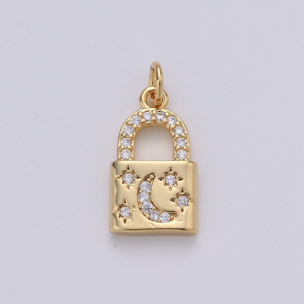 Gold Moon Star Padlock Pendant Gold plated Dainty Padlock Charm Celestial Lock Jewelry for Necklace Earring Bracelet Component D-363 D-364 - DLUXCA