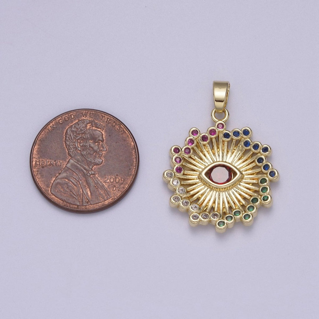Gold Multi Color Cubic Zirconia Evil Eye Charm Sun Burst Sunray Pendant N-602 - DLUXCA