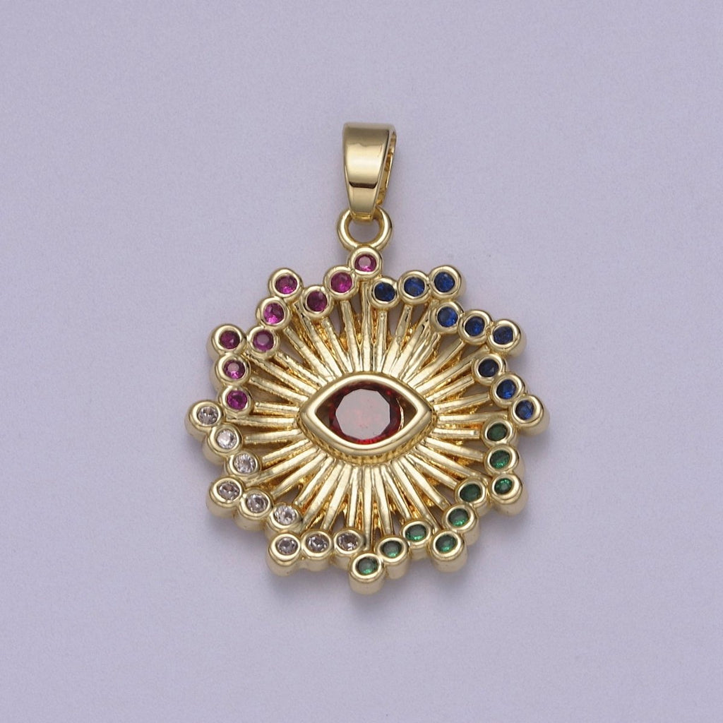 Gold Multi Color Cubic Zirconia Evil Eye Charm Sun Burst Sunray Pendant N-602 - DLUXCA