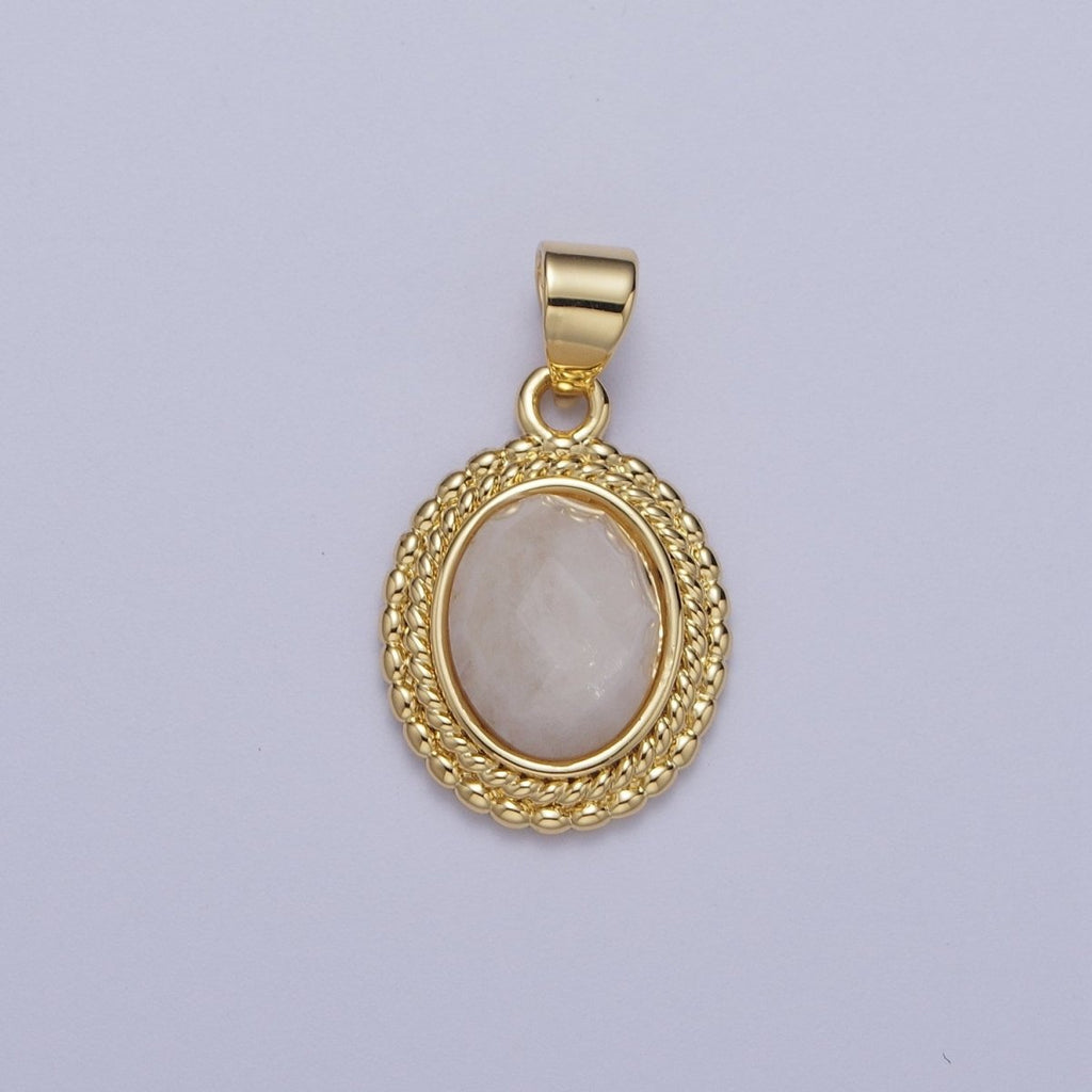 Gold Natural Moonstone Beaded Rope Frame Oval Jewelry Making Pendant H-604 - DLUXCA