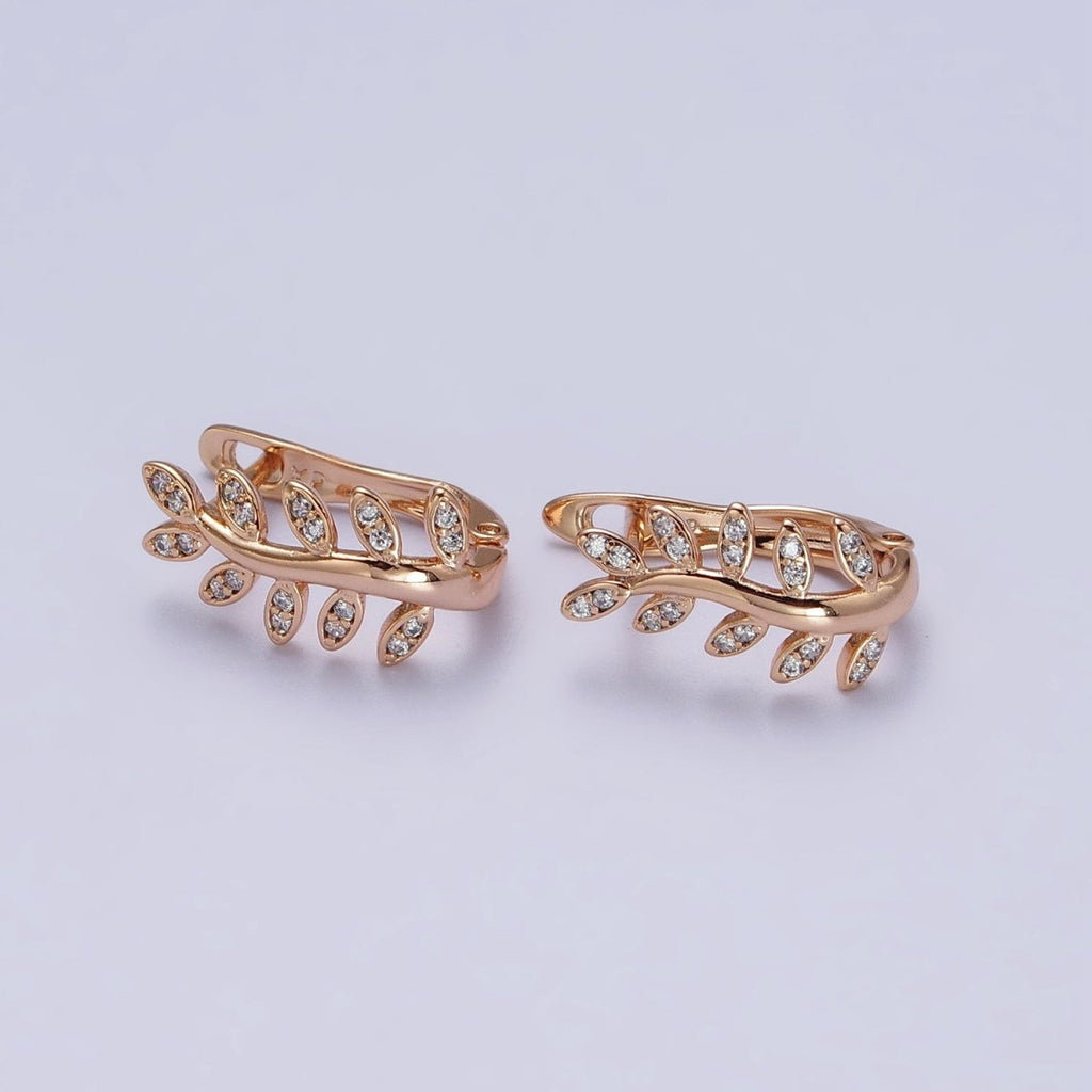 Gold Olive Leaf Earring, 18K Gold plated Hoop Earring Olive Branch Huggie Earring AB1076 - DLUXCA