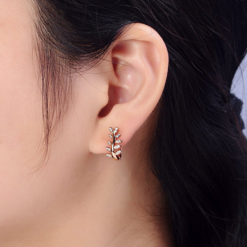 Gold Olive Leaf Earring, 18K Gold plated Hoop Earring Olive Branch Huggie Earring AB1076 - DLUXCA