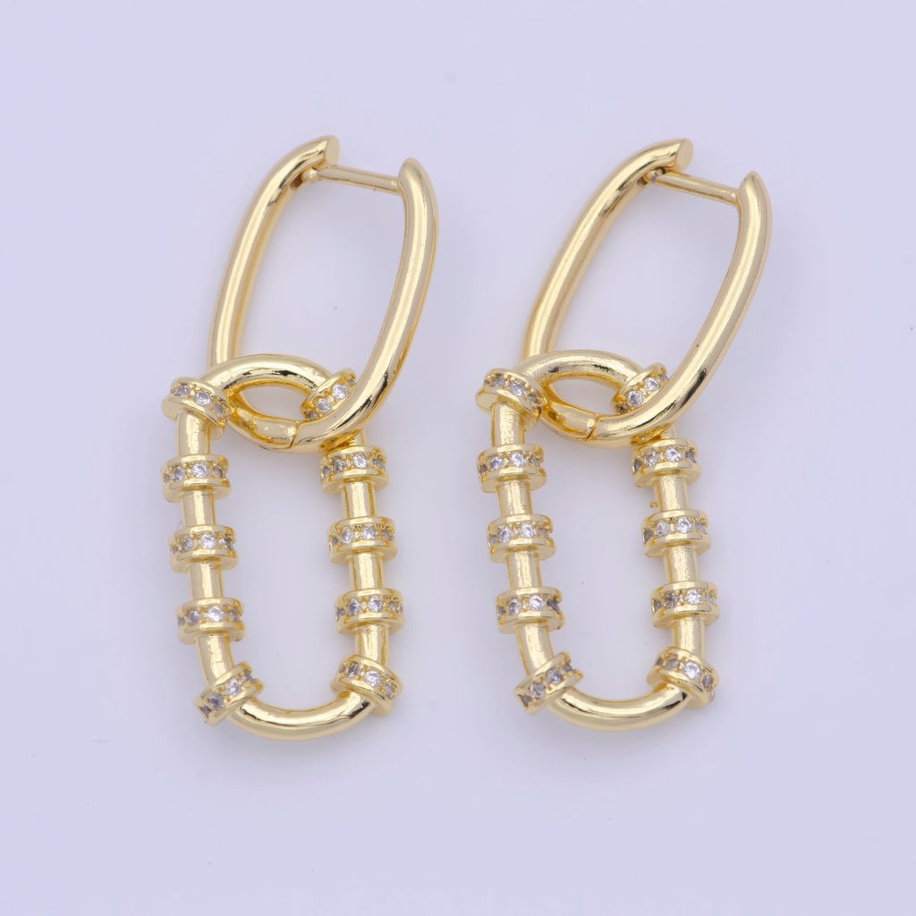 Gold Oval Earrings Dainty Hoop Huggie Earring, Oval Huggie Dangle Link Earring X-921 - DLUXCA
