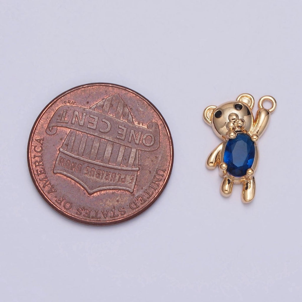 Gold Oval Sapphire Blue Teddy Bear Holding On Charm For DIY Jewelry Making | X-256 - DLUXCA