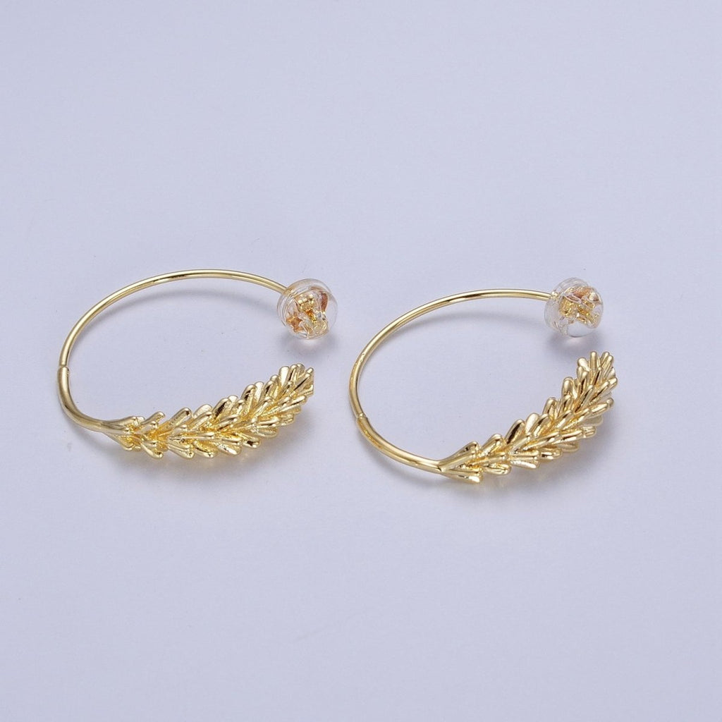 Gold Paddy Wheat Minimalist Open Hoop Stud Earrings | P-285 - DLUXCA