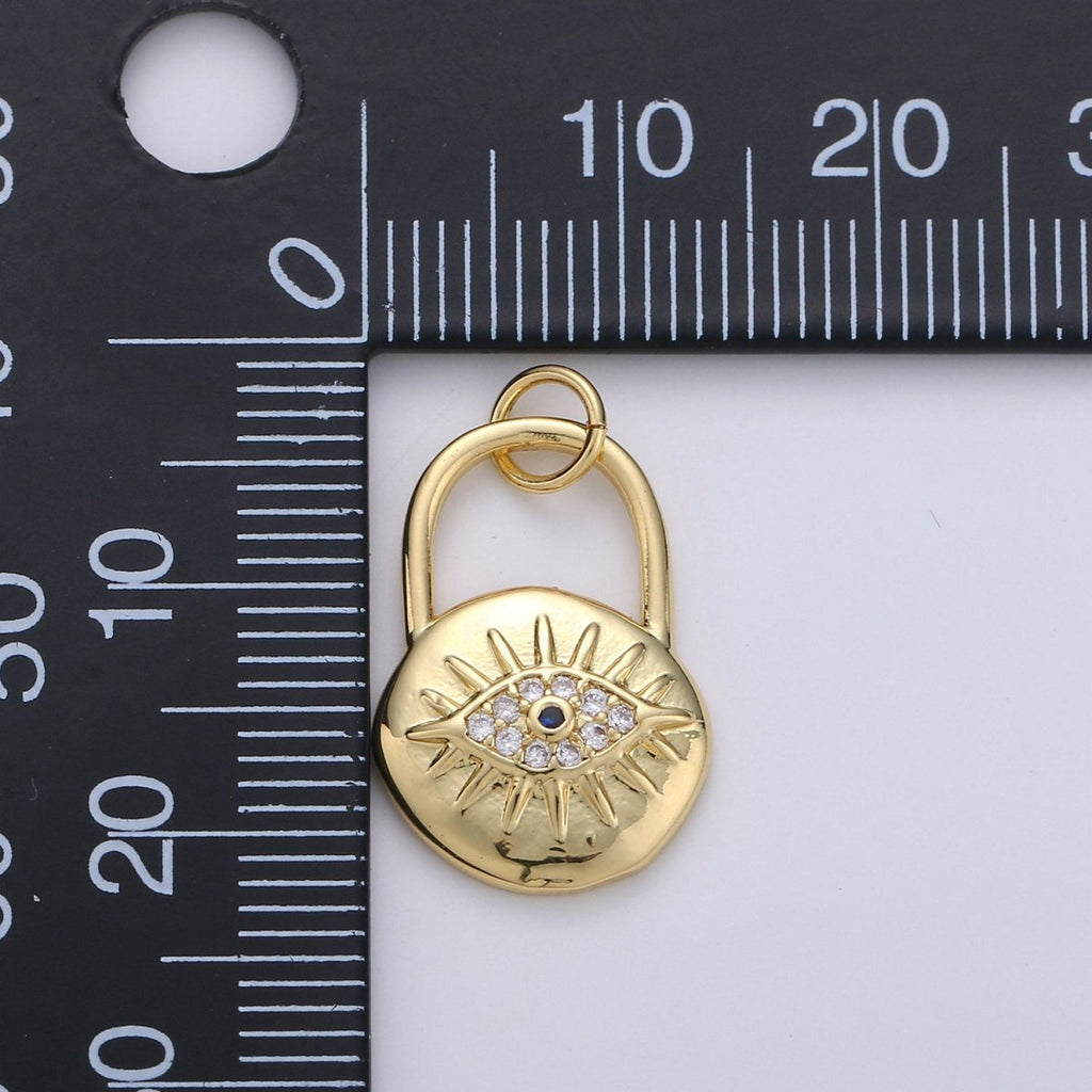 Gold Padlock pendant charm with cz• 23x12mm •24k Gold plated• Sparkly Cubic Zirconia CZ Evil Eye Charm • Small Charm for Necklace Bracelet D-238 - DLUXCA
