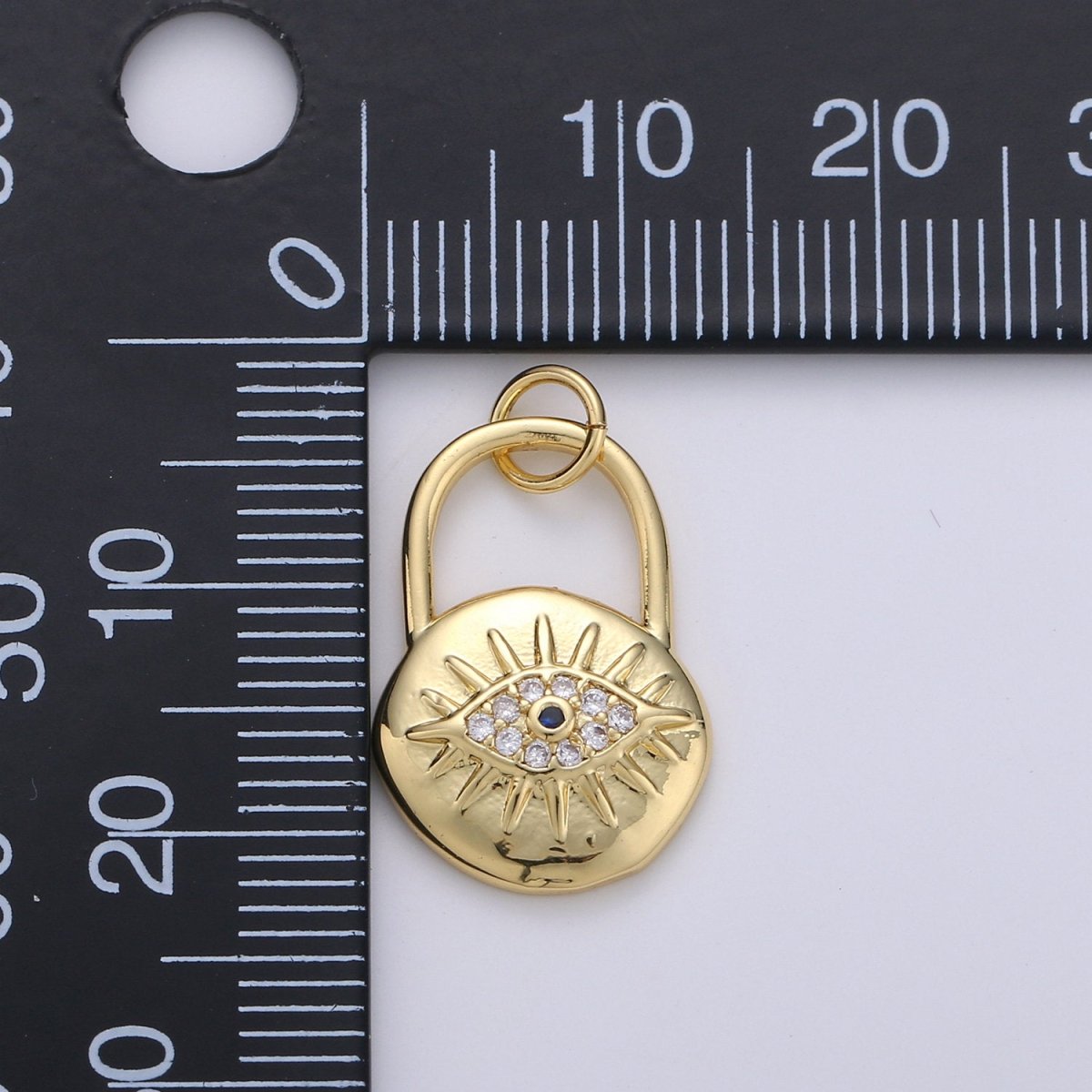 Gold Padlock pendant charm with cz• 23x12mm •24k Gold plated• Sparkly Cubic Zirconia CZ Evil Eye Charm • Small Charm for Necklace Bracelet D-238 - DLUXCA