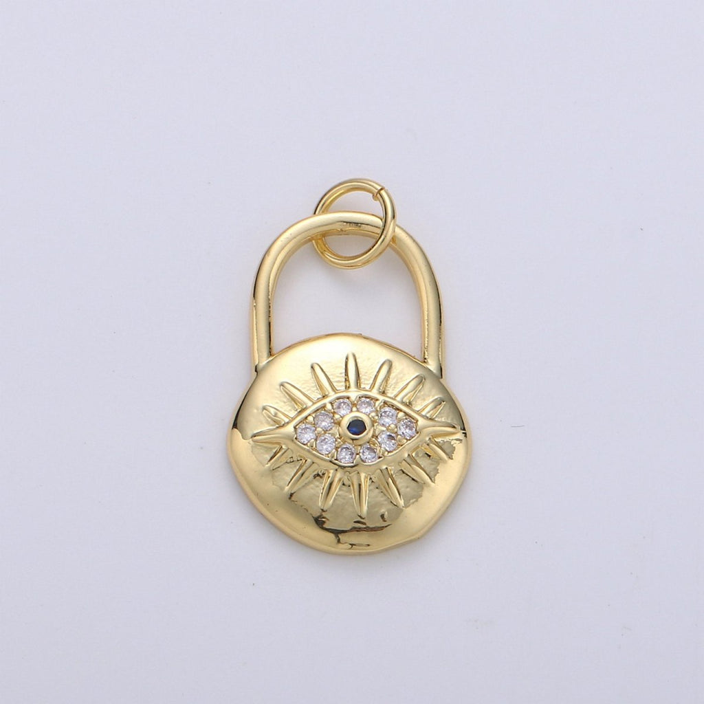 Gold Padlock pendant charm with cz• 23x12mm •24k Gold plated• Sparkly Cubic Zirconia CZ Evil Eye Charm • Small Charm for Necklace Bracelet D-238 - DLUXCA