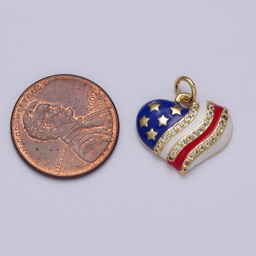 Gold Patriotic American Independence Flag Enamel Micro Paved Heart Charm | AC977 - DLUXCA