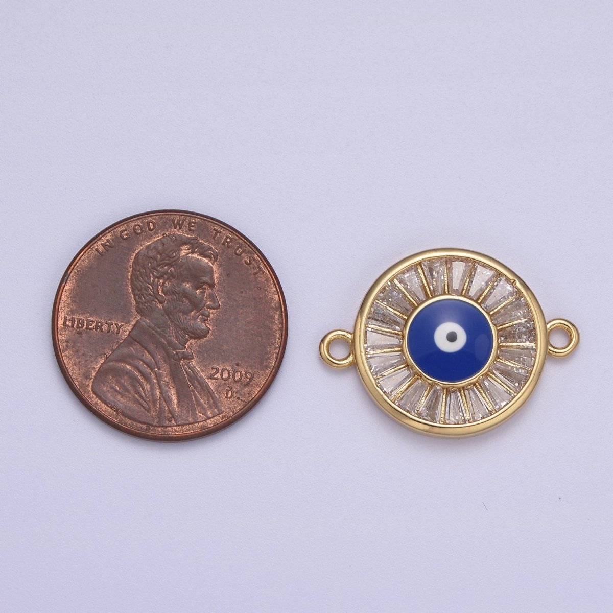 Gold Pave CZ Evil Eye Charm Connector with Blue Eye Enamel Link Connector for Bracelet F-230 - DLUXCA