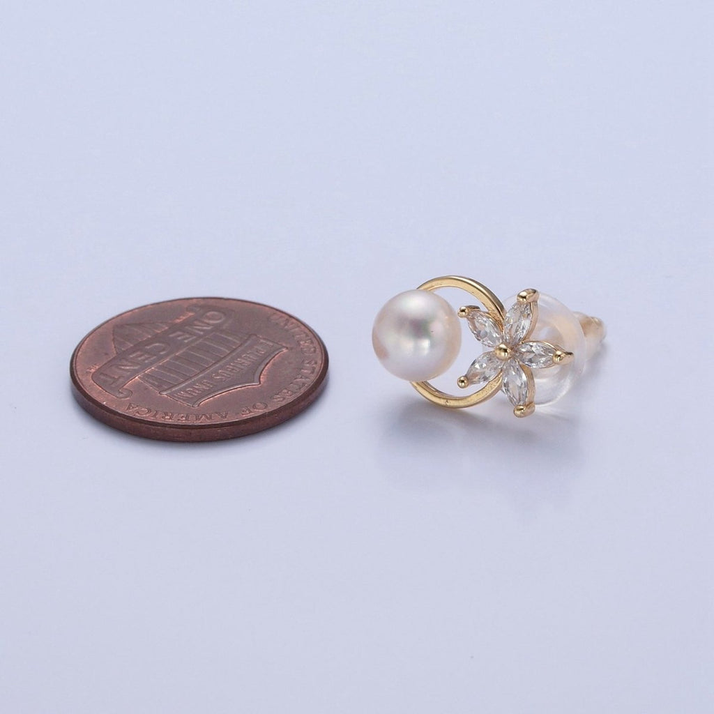 Gold Pave CZ Flower Stud Earring with Pearl for Wedding Jewelry V-371 - DLUXCA