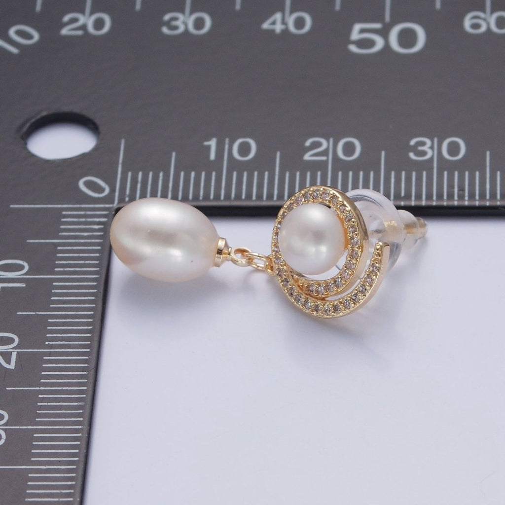 Gold Pave Round Stud Earring with Dangle Pearl for Wedding Jewelry V-373 - DLUXCA