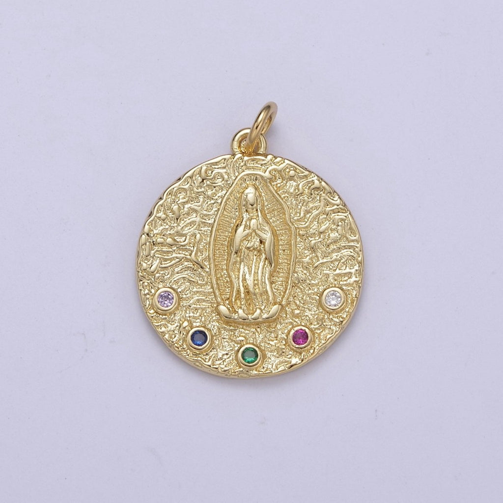 Gold Plated Virgin Guadalupe Charm Necklace, 14k Gold Plated Virgin Mary Shape Round Pendant Necklace E-419 - DLUXCA