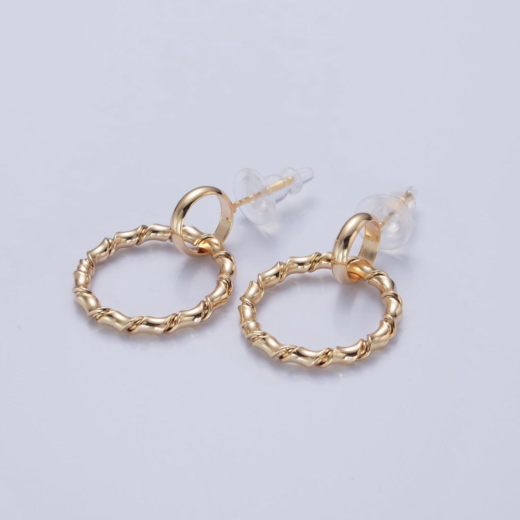 Gold Post Hoop Earrings, Bamboo Hoop Earrings Minimalist Earring V-398 - DLUXCA