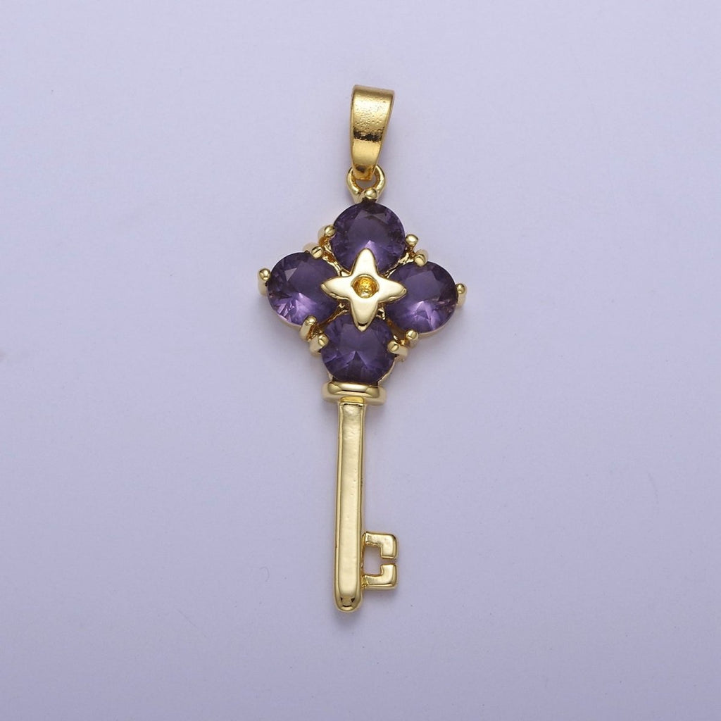 Gold Purple CZ Flower Key Pendant J-528 - DLUXCA