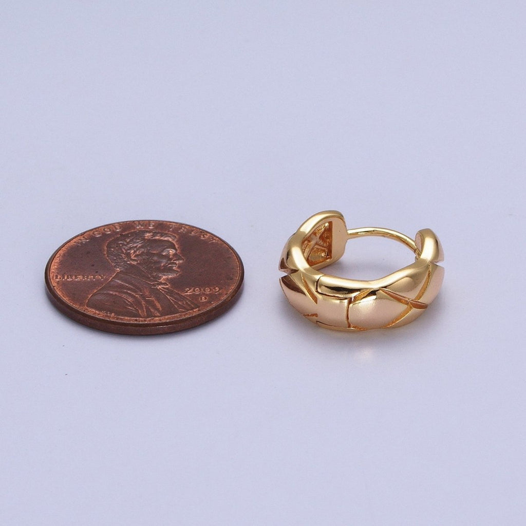 Gold Quilted X Crossed Textured 16mm Huggie Earrings | AB049 - DLUXCA