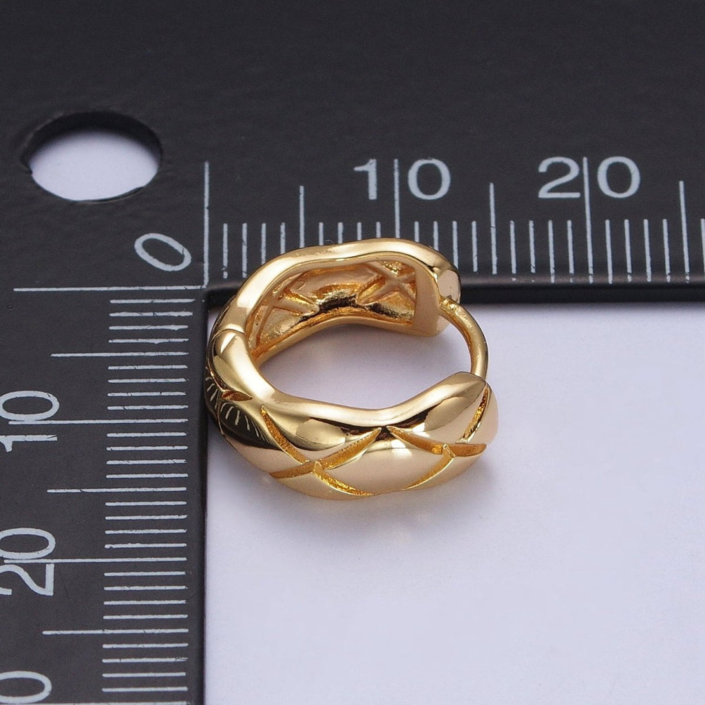Gold Quilted X Crossed Textured 16mm Huggie Earrings | AB049 - DLUXCA