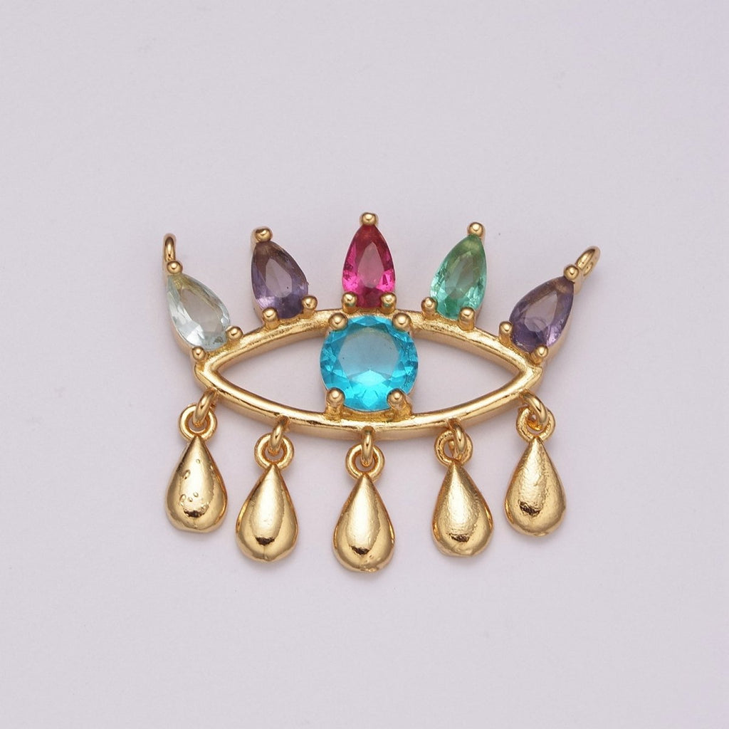Gold Rainbow Cz Evil Eye Connector with Cubic Zirconia Link Connector Necklace Component F-738 - DLUXCA