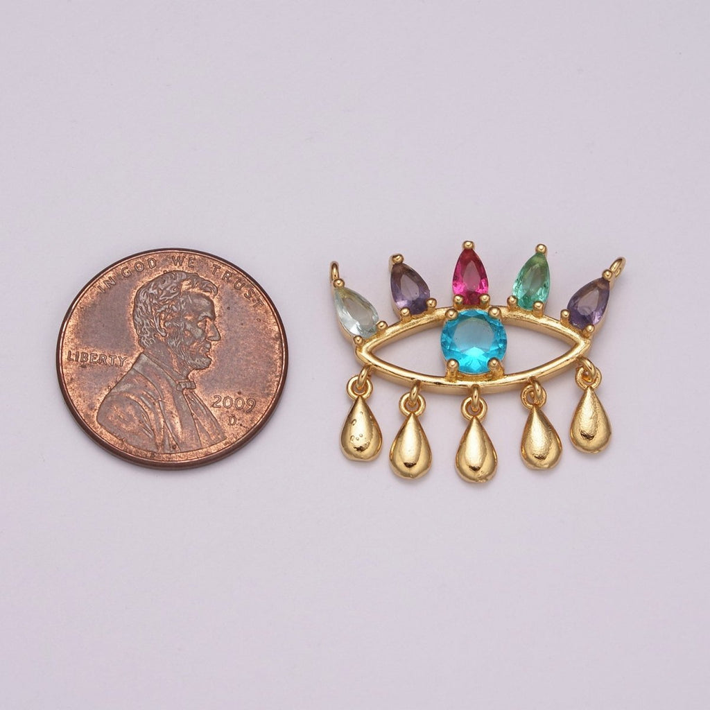 Gold Rainbow Cz Evil Eye Connector with Cubic Zirconia Link Connector Necklace Component F-738 - DLUXCA