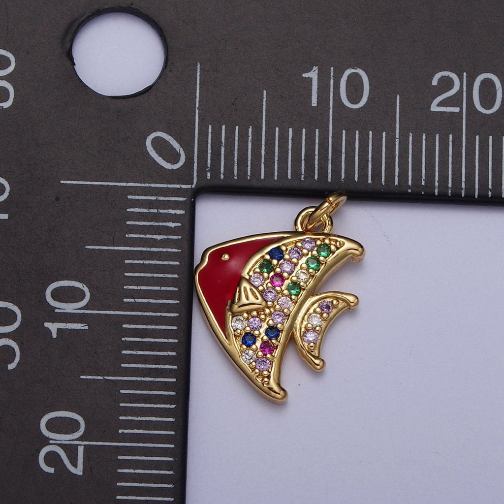 Gold Rainbow Spadefish Charm, Multicolor CZ Red Enamel Fish Sea Wildlife Charm For Jewelry Making AG-120 - DLUXCA
