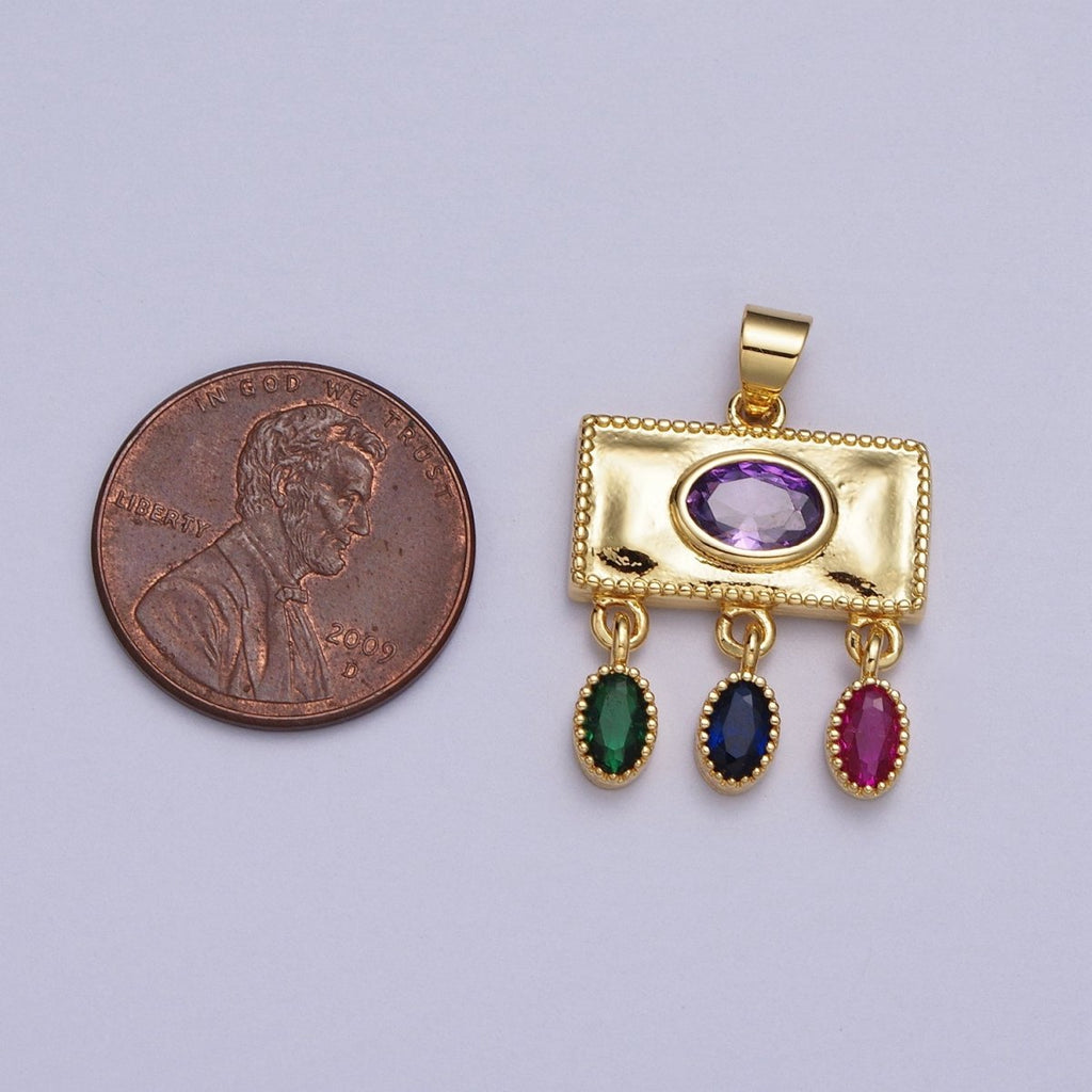 Gold Rectangular Purple Oval Multicolor CZ Dangle Pendant | AA009 - DLUXCA