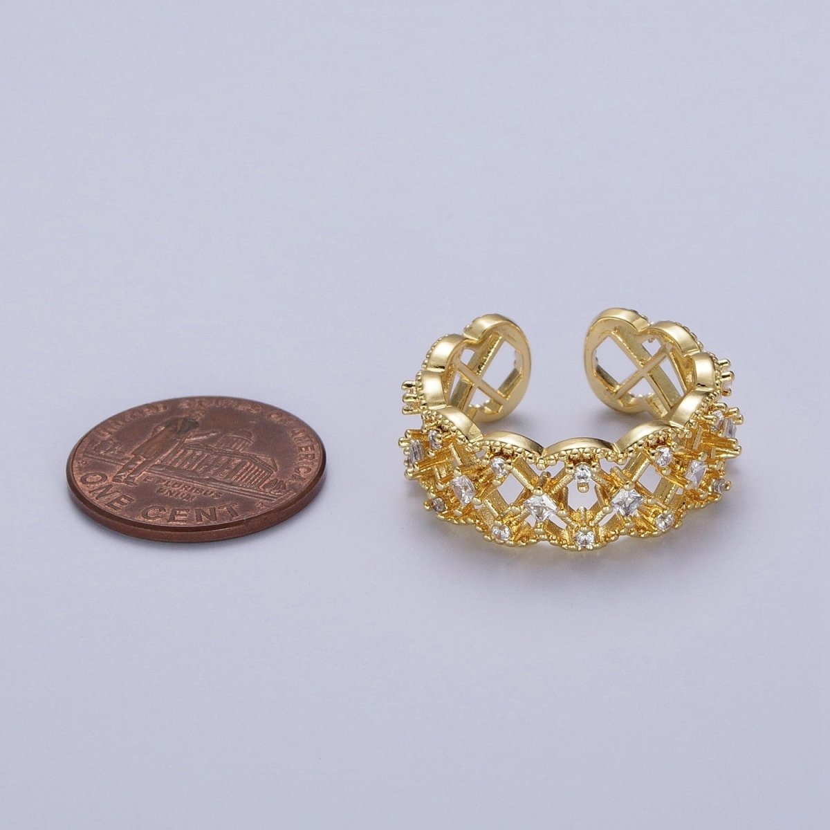 Gold Rhombus Engraved Mini Cubic Zirconia Adjustable Cloud Ring | O-1983 - DLUXCA