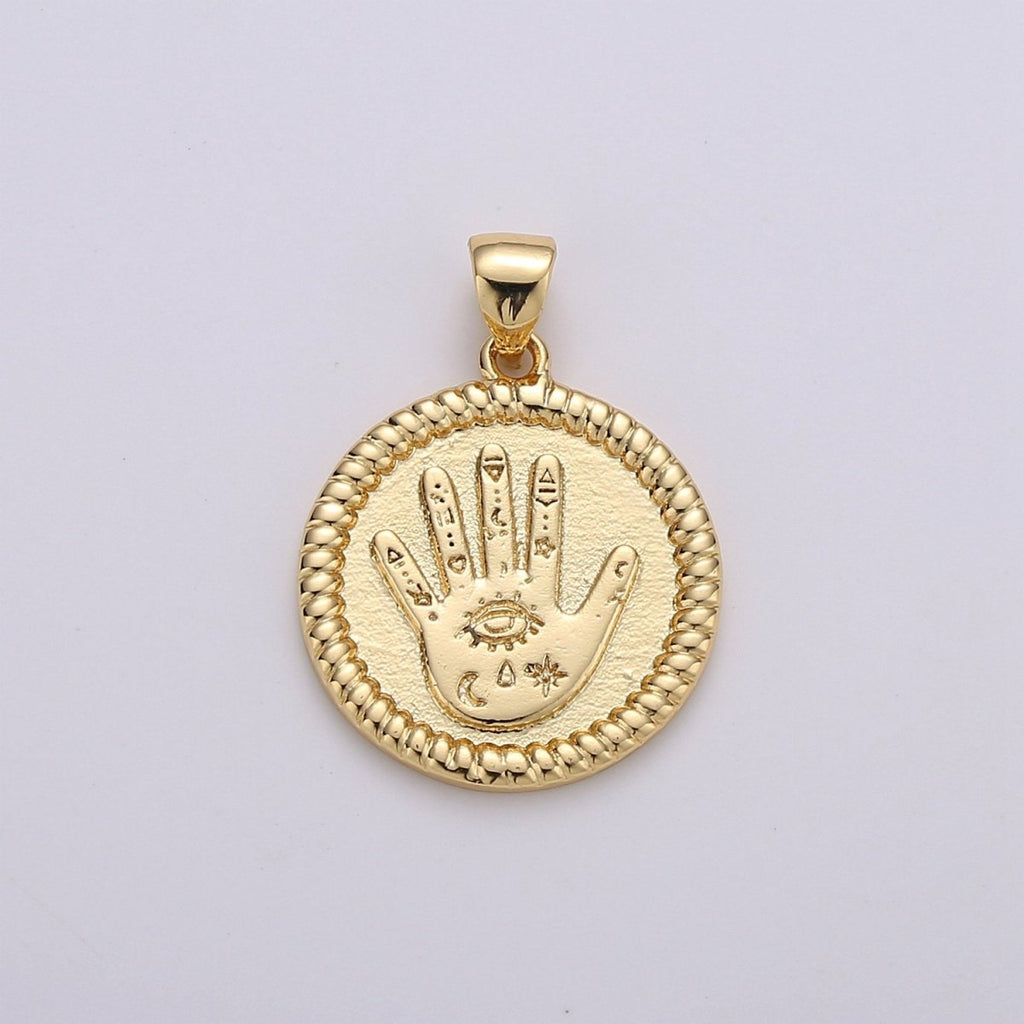Gold Round Hamsa Hand Coin Medallion Pendant Charm - 14k Gold plated Amulet Round Circle Pendant, Protection Evil Eye I-738 - DLUXCA