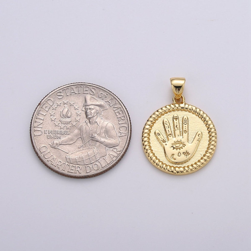 Gold Round Hamsa Hand Coin Medallion Pendant Charm - 14k Gold plated Amulet Round Circle Pendant, Protection Evil Eye I-738 - DLUXCA