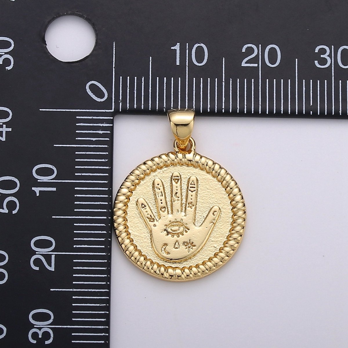 Gold Round Hamsa Hand Coin Medallion Pendant Charm - 14k Gold plated Amulet Round Circle Pendant, Protection Evil Eye I-738 - DLUXCA
