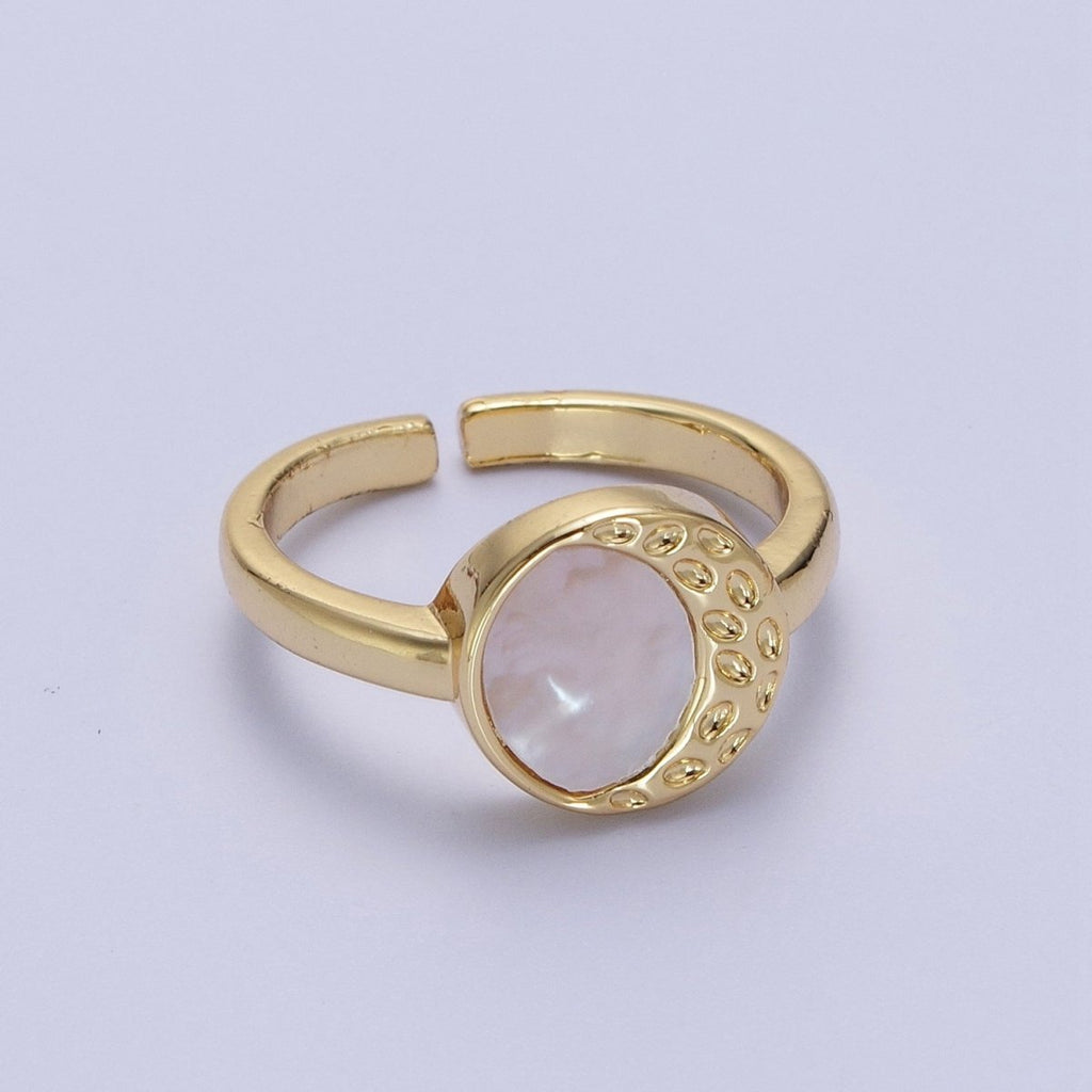Gold Round Shell Pearl Crescent Textured Moon Adjustable Minimalist Ring | O-133 - DLUXCA
