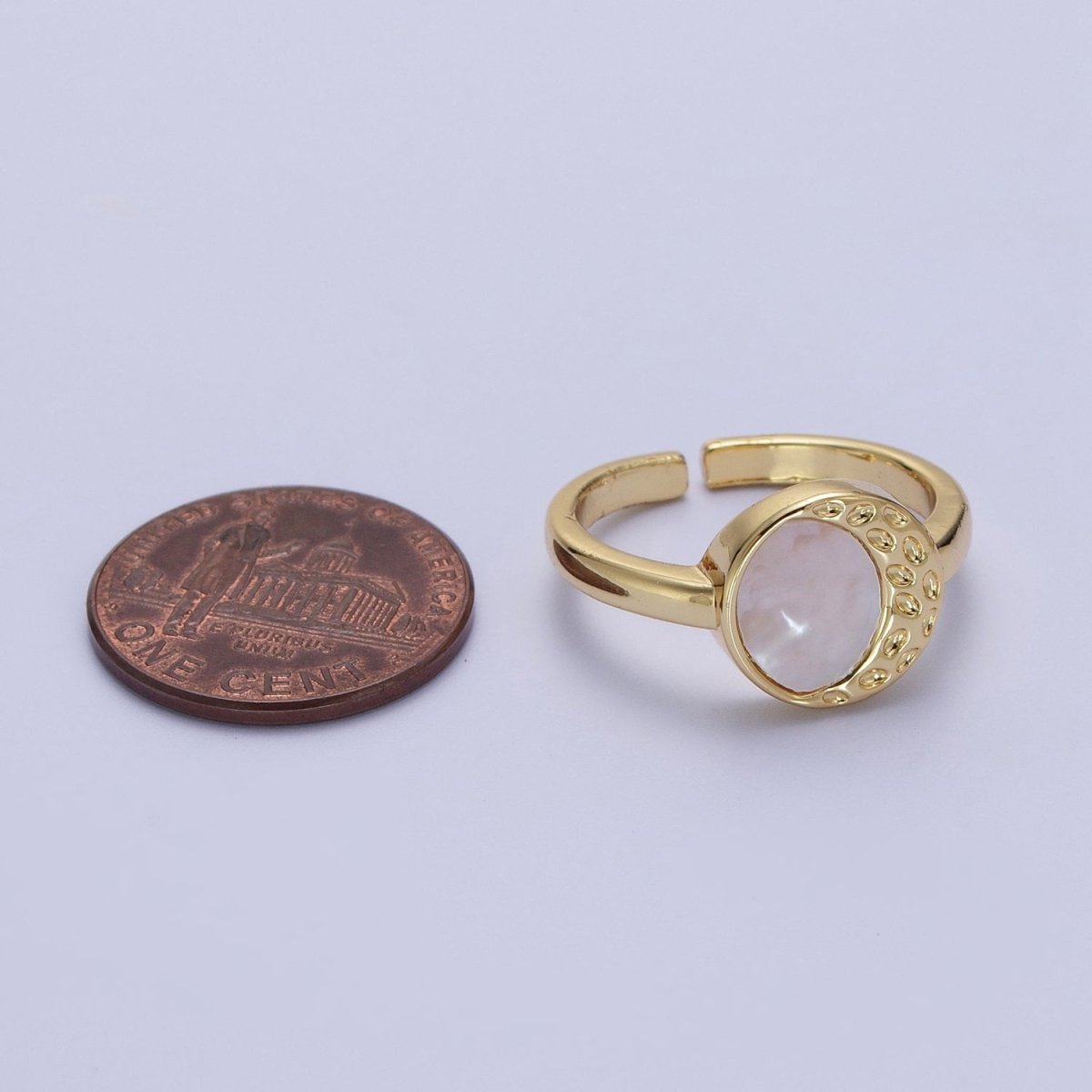 Gold Round Shell Pearl Crescent Textured Moon Adjustable Minimalist Ring | O-133 - DLUXCA