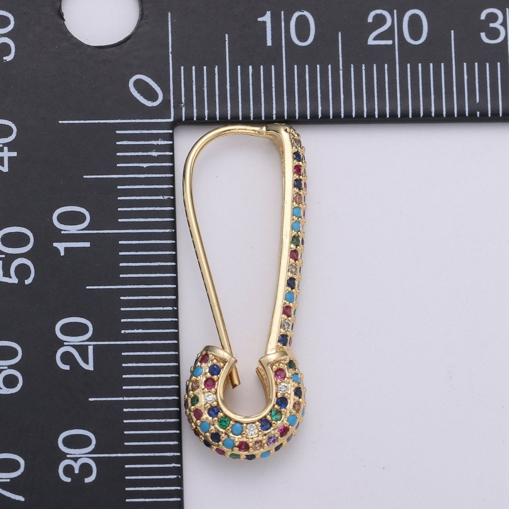 Gold Safety pin earrings- sparkly safety pins/ needle earrings/ Micro pave safety pin drop earrings Rainbow Colorful Safety Pin Earring, K-446 - DLUXCA