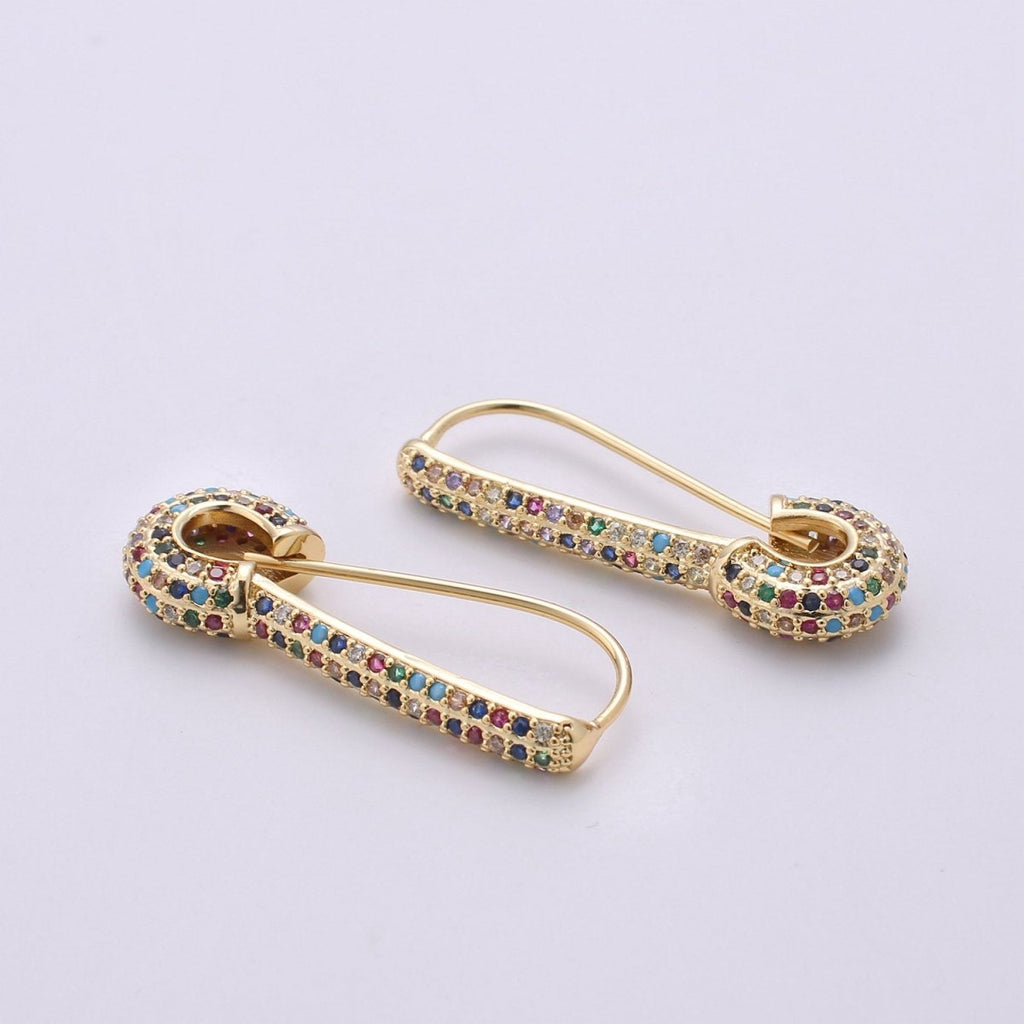 Gold Safety pin earrings- sparkly safety pins/ needle earrings/ Micro pave safety pin drop earrings Rainbow Colorful Safety Pin Earring, K-446 - DLUXCA