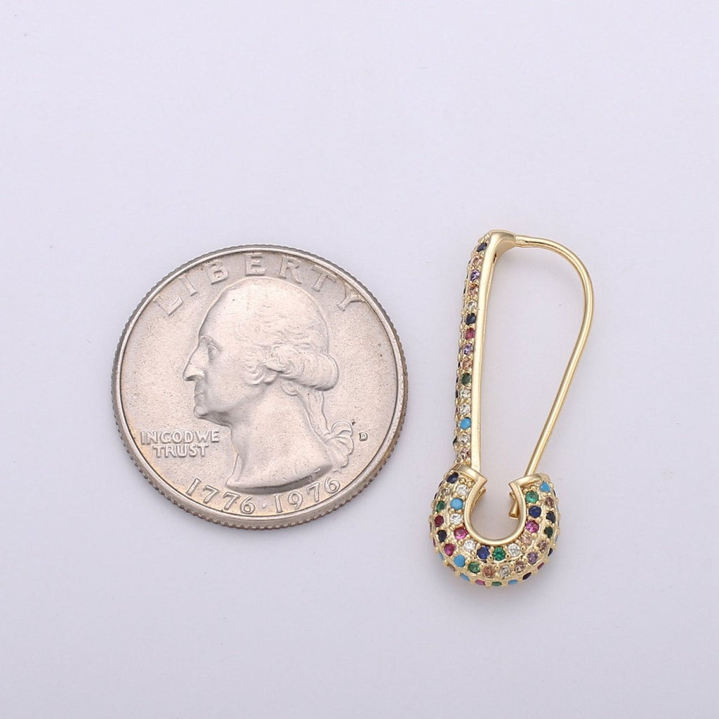 Gold Safety pin earrings- sparkly safety pins/ needle earrings/ Micro pave safety pin drop earrings Rainbow Colorful Safety Pin Earring, K-446 - DLUXCA