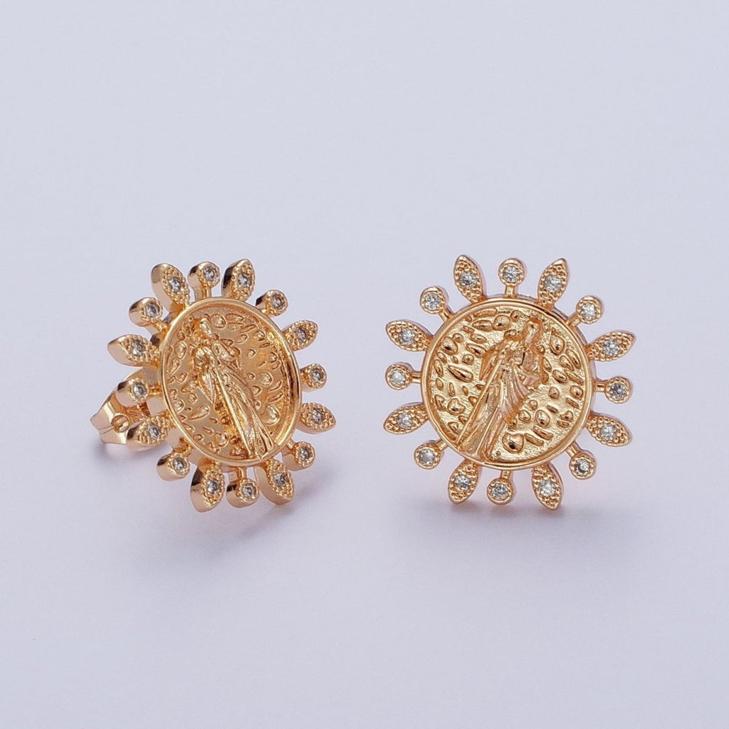 Gold Saint Jude Stud Earring Sun Medallion San Judas Earring Catholic Religious Jewelry Gift AE-1046 - DLUXCA