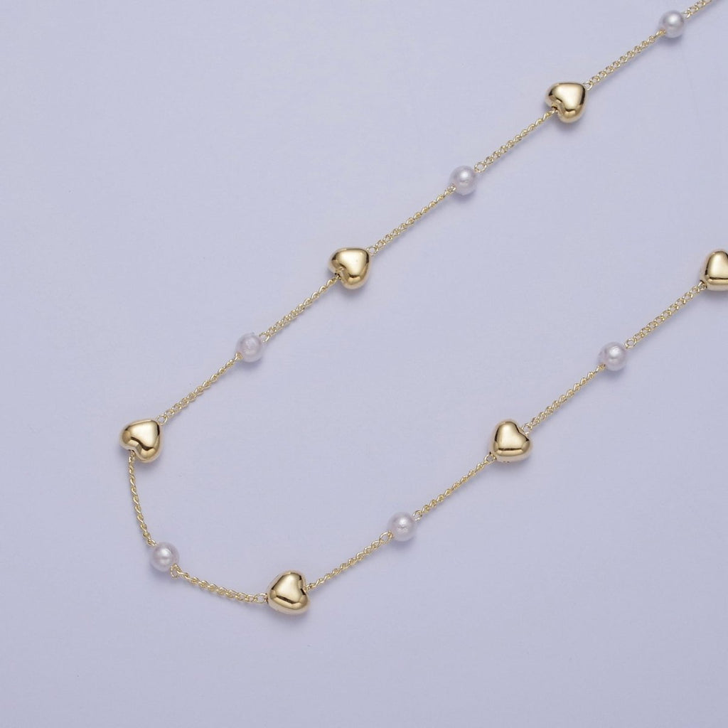 Gold Satellite Pearl & Heart Love Bead Chain Wholesale by Yard For DIY Jewelry Making Component | ROLL-830 Clearance Pricing - DLUXCA