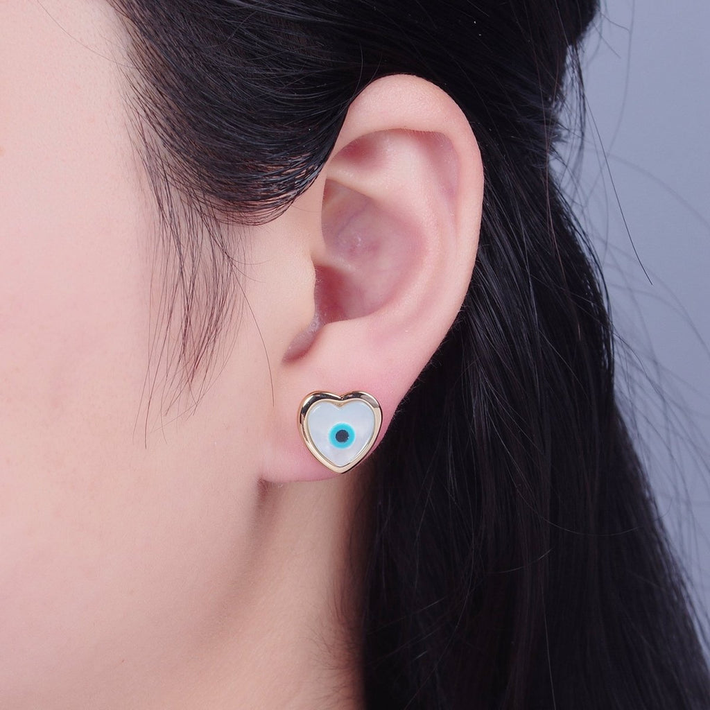 Gold Shell Pearl Heart Evil Eye Stud Earring T-464 - DLUXCA