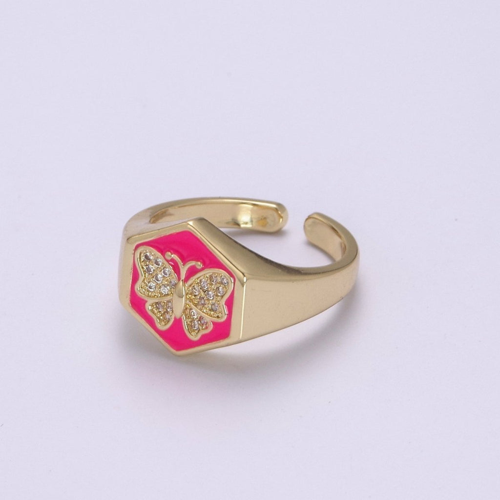 Gold signet ring, Butterfly signet ring, Enamel ring gold butterfly ring Stackable Jewelry U-171~U-175