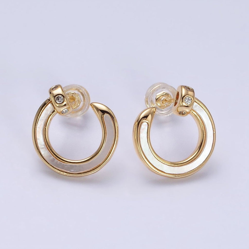 Gold, Silver 15mm Circular Nail Stud White Pearl Lined Earrings | AD984 AD985