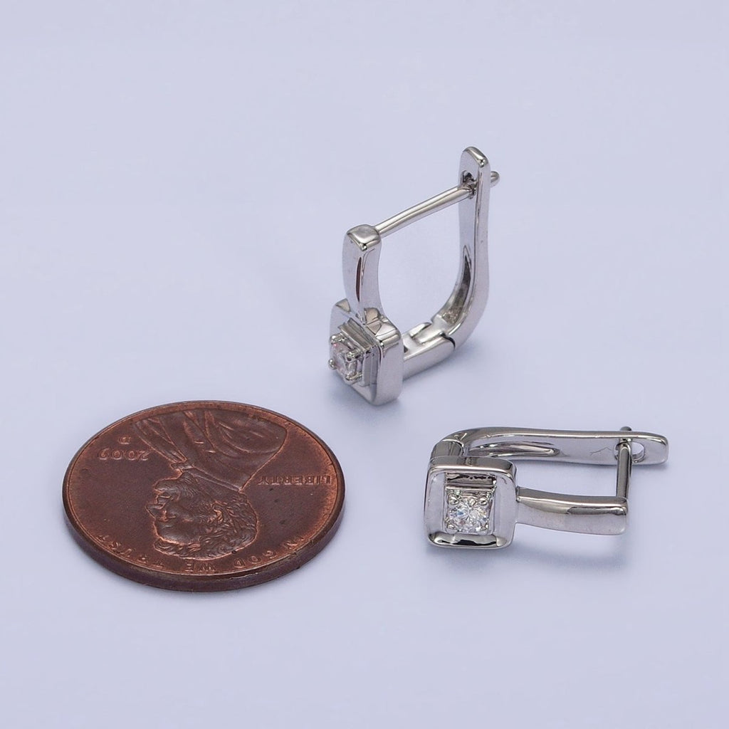 Gold, Silver 16mm U-Shaped Oblong Square CZ Geometric English Lock Earrings | AB778 AB1550