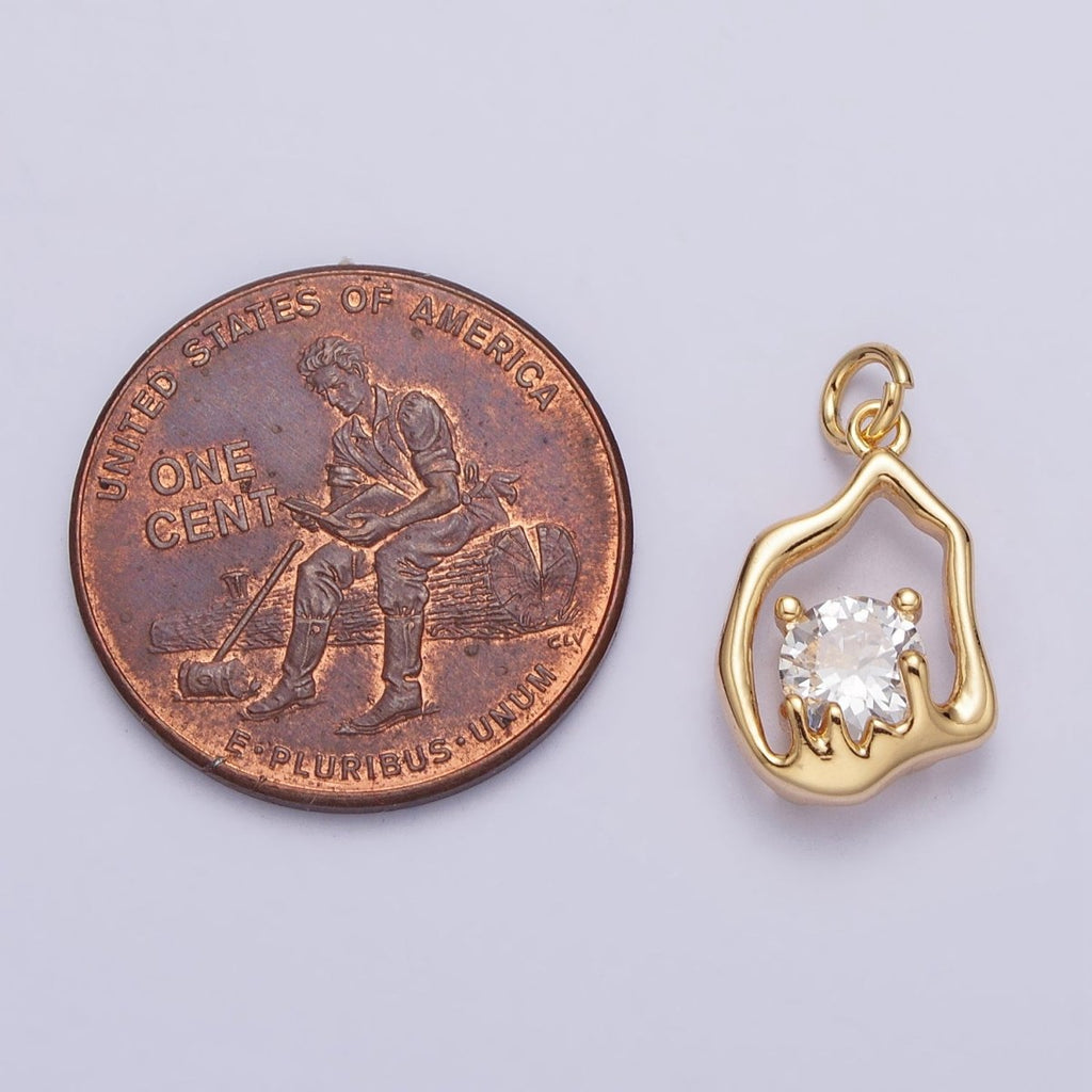 Gold, Silver Abstract Molten Drip Round Clear CZ Cubic Zirconia Charm | AC243 AC244