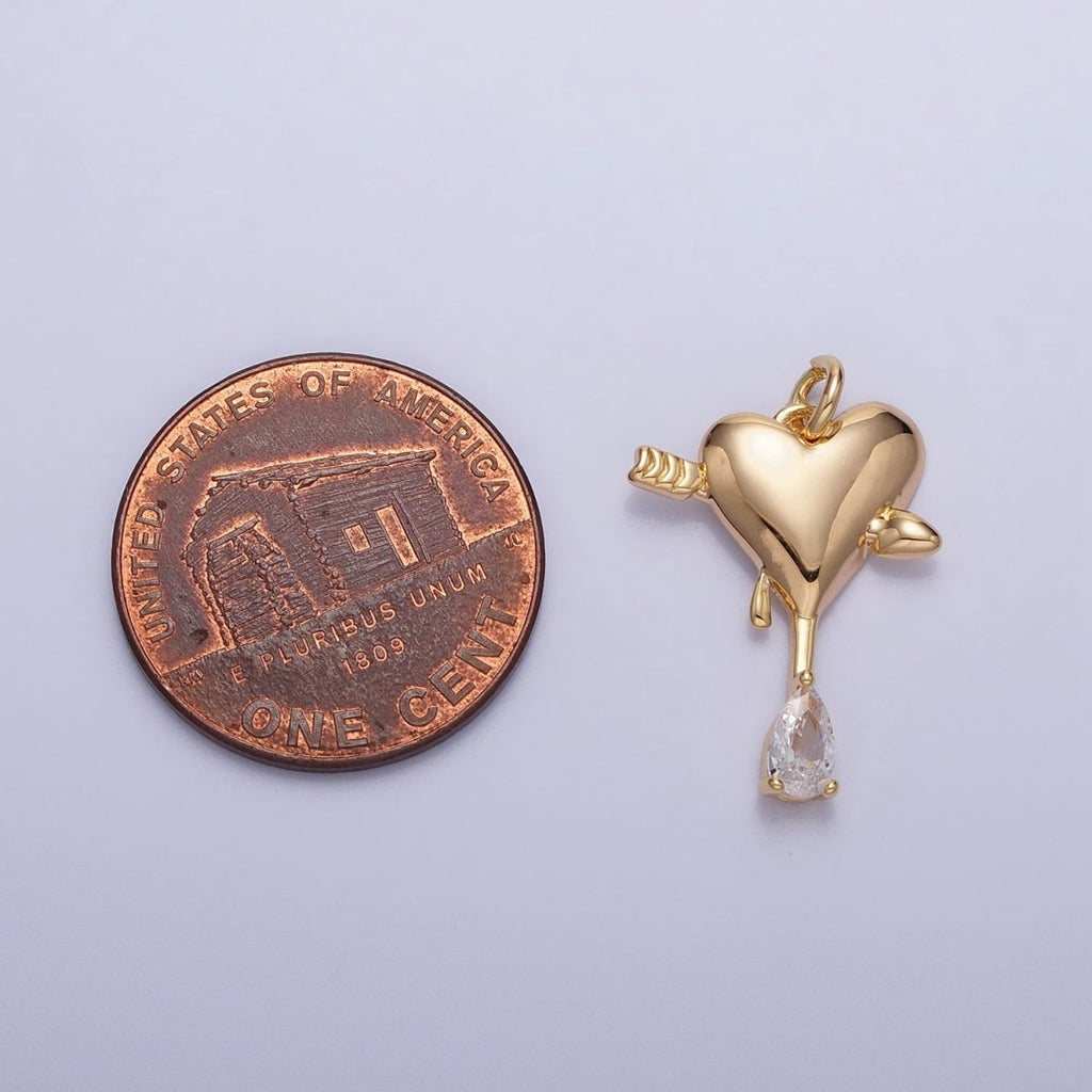 Gold, Silver Arrowed Heart Molten Drip Clear Teardrop CZ Add-On Charm | AC763 AC764